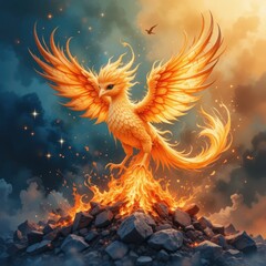 Obraz premium Majestic Phoenix Rising From Flames With Vibrant Feathers Against a Dramatic Sky at Dusk