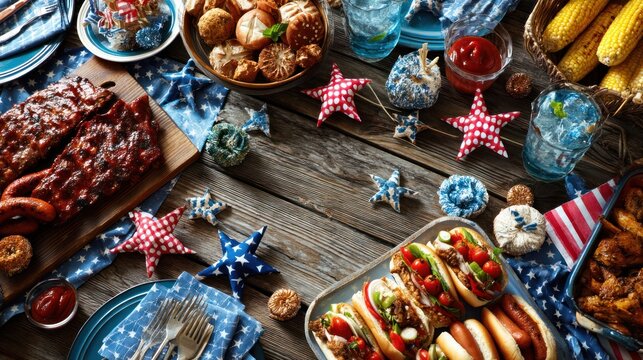 Flat lay of Memorial Day-themed table with barbecue food, mini American flags, star-shaped decorations, and red, white, and blue napkins, festive and inviting