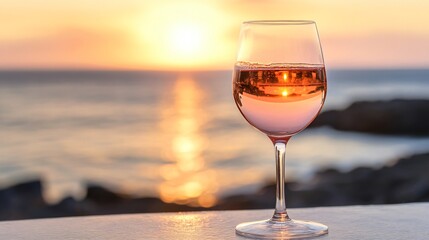 A glass of rose wine on a patio table overlooking at the sea, wine, glass, alcohol, drink, red, wineglass, red wine, white, beverage, sunset, restaurant, liquid, dinner, celebration, two, table, party