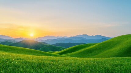 Obraz premium Serene Landscape at Sunrise with Rolling Green Hills and Majestic Mountains Under a Clear Blue Sky