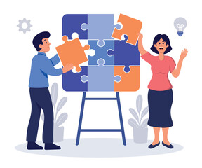Flat vector illustration of a business team collaborating on a giant puzzle as a symbol of problem-solving.