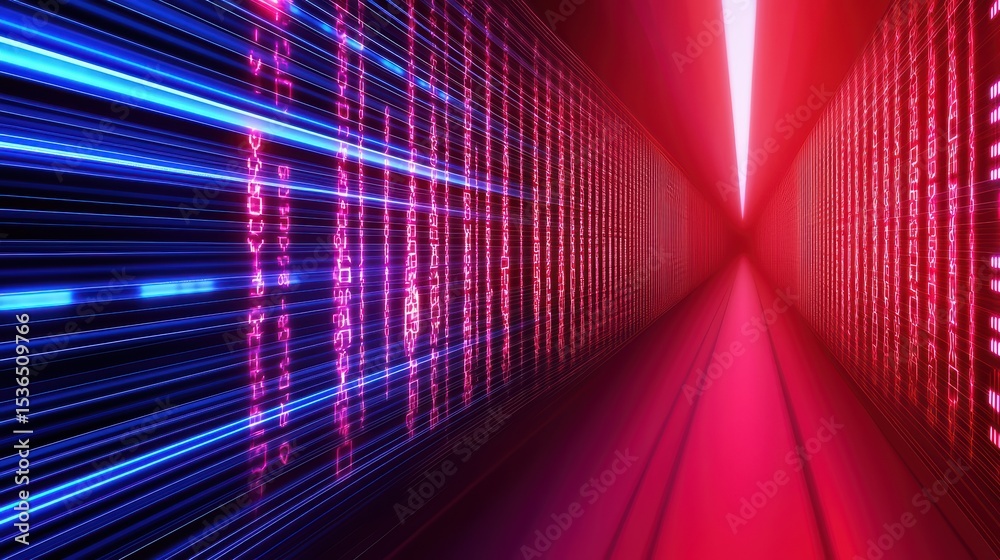 Poster futuristic data tunnel with neon lights and digital codes creating a high-tech environment for techn
