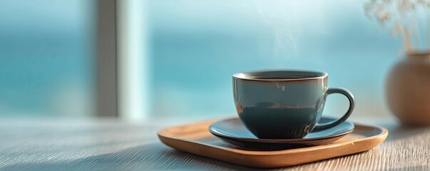 Early brew for caffeine kick and early work coffee concept. A serene cup of steaming coffee on a wooden tray by the window.