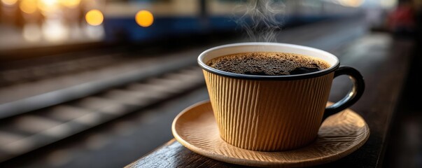 Early brew for caffeine kick and early work coffee concept. A steaming cup of coffee on a table near a train station.
