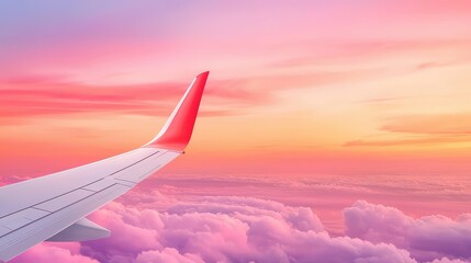 Obraz premium Serene View of Airplane Wing Over Cotton Candy Clouds at Sunset with Vibrant Pink and Orange Sky