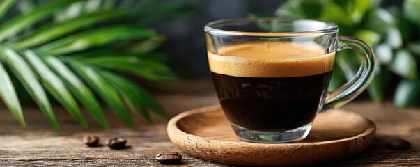 Early espresso with coffee props and caffeine kick concept. A rich cup of espresso served on a wooden plate with greenery.