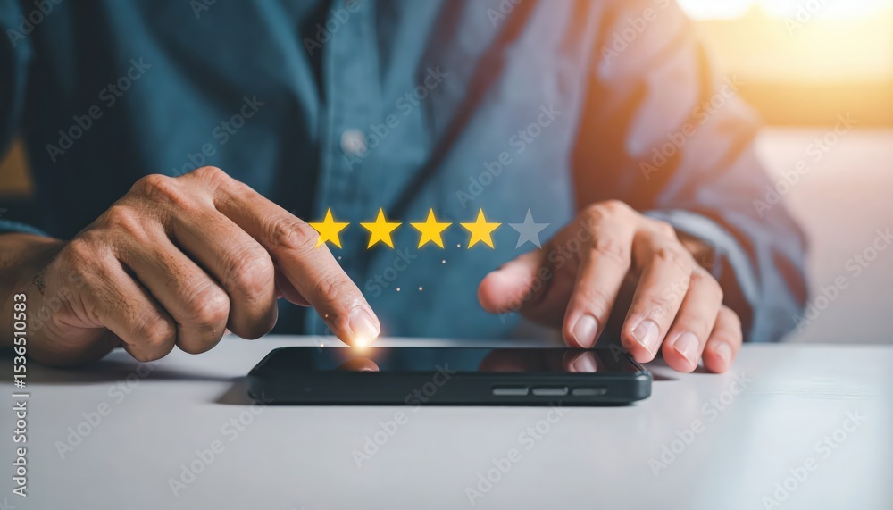 Poster close-up of a person using a touchscreen smartphone with a four-star rating displayed, highlighting 