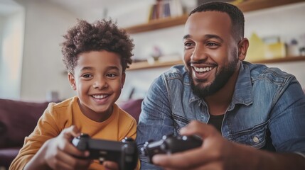 Father and Son Joyfully Gaming Together, Sharing Laughter and Bonding Time