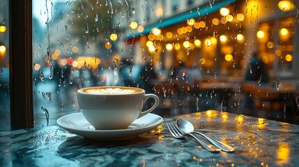 A cozy coffee shop interior on a rainy afternoon, with a steaming latte on a marble table and blurred city lights outside
