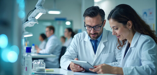 Scientists collaborate using tablet in medical laboratory. Team members discuss research, pharmaceutical discovery. Tech in healthcare, digital report, innovation. Modern lab with teamwork for new