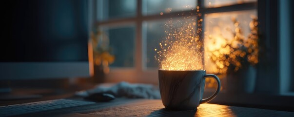 Early brew for caffeine kick and early work coffee concept. A steaming cup of coffee emits warmth against a cozy background.
