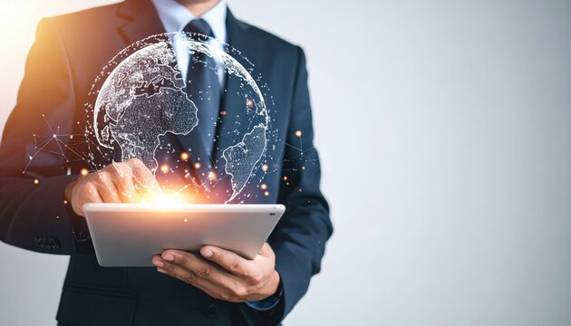 Businessman in formal suit holding tablet with holographic world map projection representing global technology connectivity and digital innovation concept
