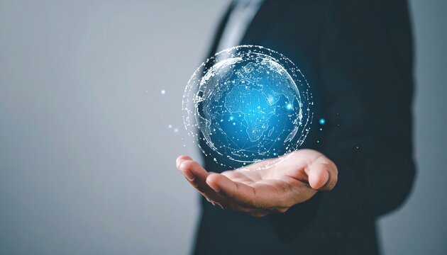 Businessman holding a futuristic digital global globe hologram representing technology innovation digital communication and connectivity in the modern world