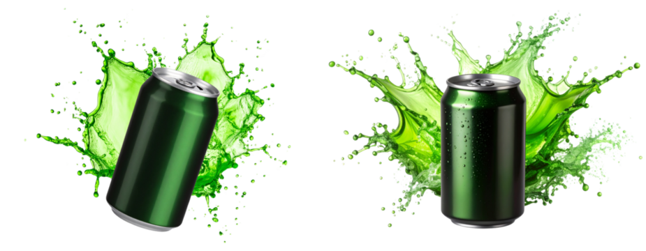  Black Energy Drink Can with Neon Green Liquid Splash, isolated on transparent background PNG