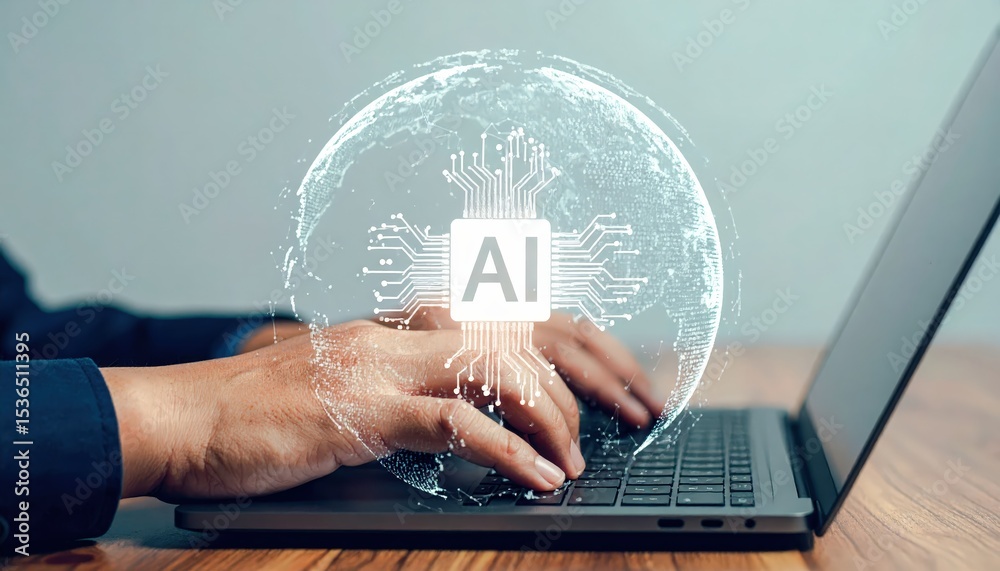 Aufkleber modern artificial ligence technology concept with human hand typing on laptop keyboard and digital a