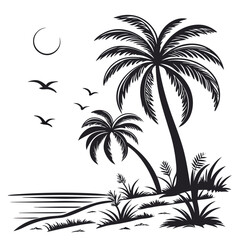 beach tropical palm trees with leaves black silhouette vector flat design white background