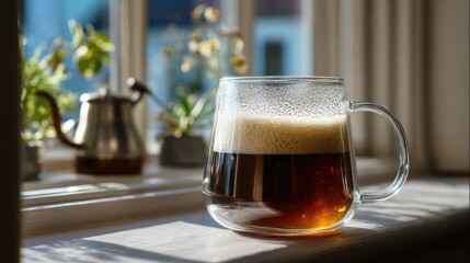 Early brew for caffeine kick and early work coffee concept. A frothy mug of beer resting by a sunny window.