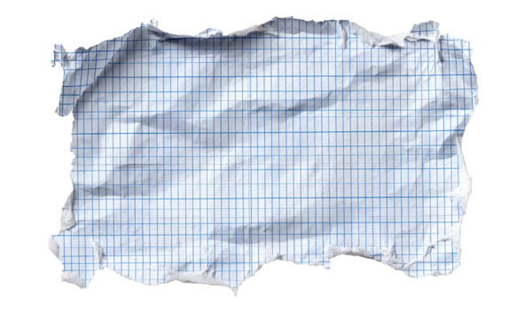 White lined paper with blue grid and torn edge isolated on transparent background, PNG cutout for web design templates, UI mockups, and branding projects.

