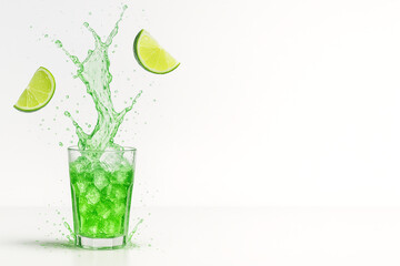 "Lime Soda Splash with Crushed Ice and Flying Citrus — Ultra-Crisp Macro Beverage Scene (8K, High-Speed Studio Photography)"