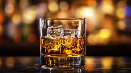 A glass of whiskey on the rocks placed on a vintage bar