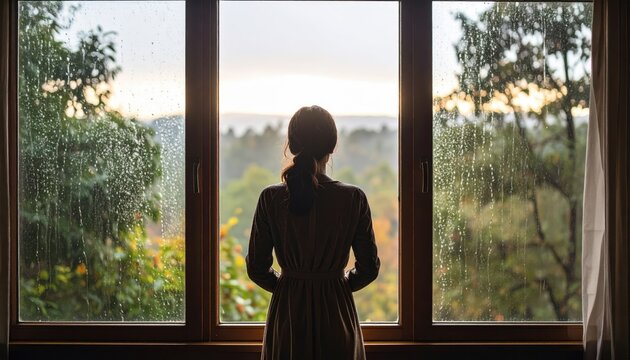 Woman gazing thoughtfully out of a rain-speckled window at a colorful landscape during sunset