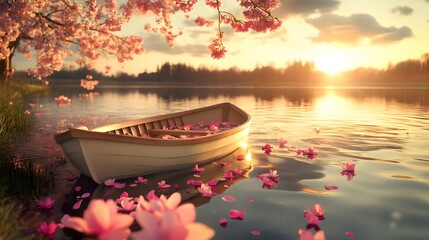Gentle sunrise over a tranquil lake with a small boat and blossoms.