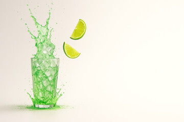 "Lime Soda Splash with Crushed Ice and Flying Citrus — Ultra-Crisp Macro Beverage Scene (8K, High-Speed Studio Photography)"