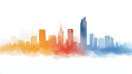 Obraz premium Colorful watercolor city skyline with silhouette of buildings and iconic skyscrapers against a white background