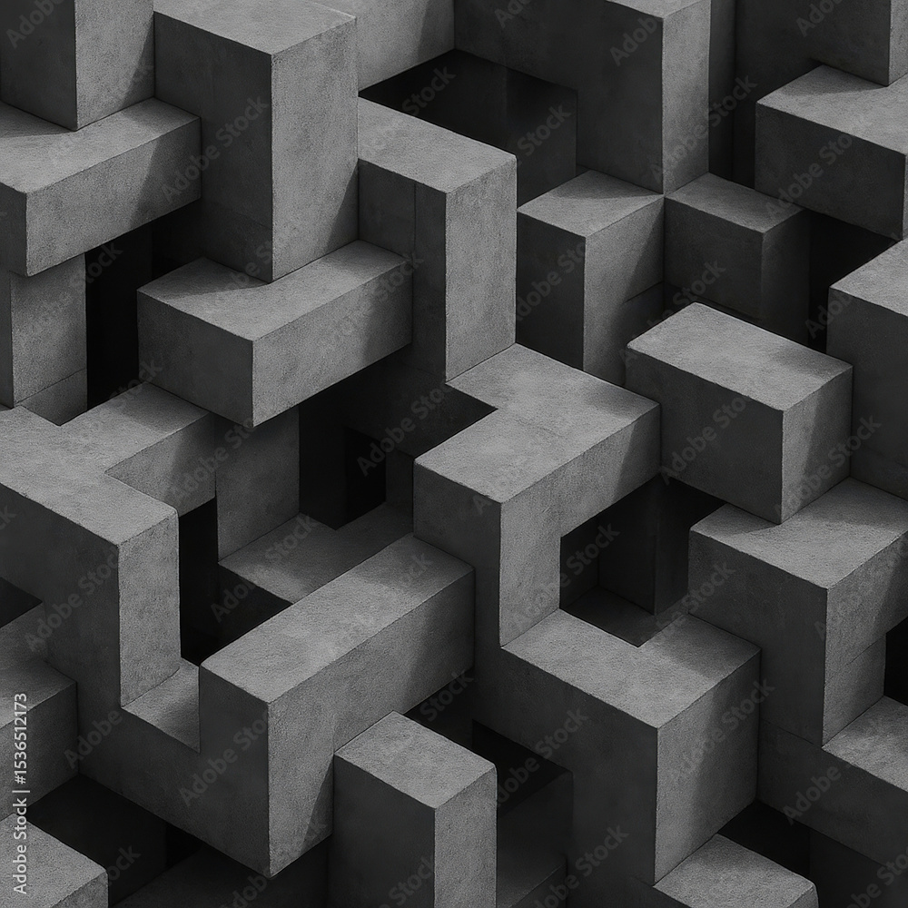 Aufkleber Abstract 3D geometric pattern with dark concrete blocks, modern brutalist architecture background

