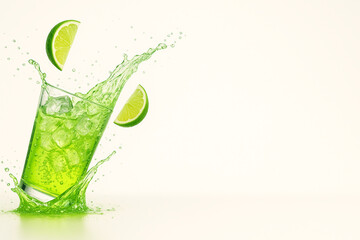 "Lime Soda Splash with Crushed Ice and Flying Citrus — Ultra-Crisp Macro Beverage Scene (8K, High-Speed Studio Photography)"