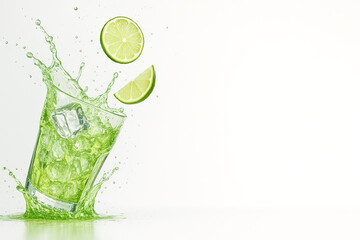 "Lime Soda Splash with Crushed Ice and Flying Citrus — Ultra-Crisp Macro Beverage Scene (8K, High-Speed Studio Photography)"