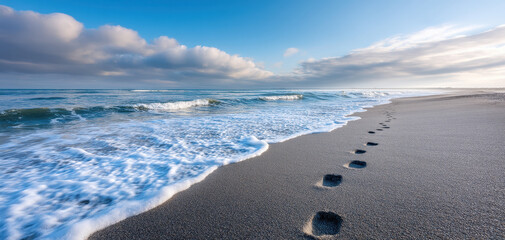 Footprint on sandy beach with ocean wave and cloudy sky, evoking calm and reflective mood with suicidal thoughts in peaceful nature setting