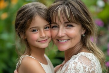 Obraz premium Little young girl hugging her mother in the garden, showing affection and love in a peaceful outdoor setting., Generative AI