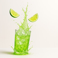 "Lime Soda Splash with Crushed Ice and Flying Citrus — Ultra-Crisp Macro Beverage Scene (8K, High-Speed Studio Photography)"