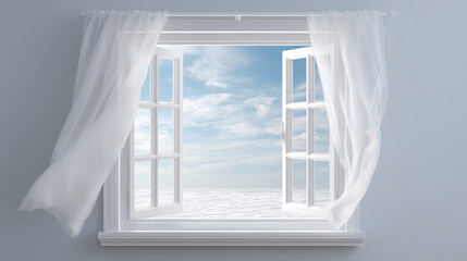 Open window with white curtain blowing in wind showing bright blue sky and calm sea outside creating peaceful scene without suicidal thoughts