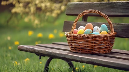 Basket of decorated eggs sits on a park bench.