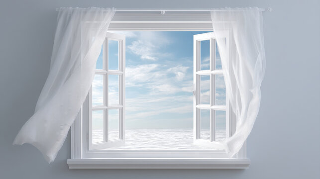 Open window with white curtain blowing in wind showing bright blue sky and calm sea outside creating peaceful scene without suicidal thoughts