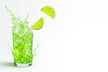 "Lime Soda Splash with Crushed Ice and Flying Citrus — Ultra-Crisp Macro Beverage Scene (8K, High-Speed Studio Photography)"