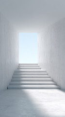Bright white stairway leads upward between smooth walls into clear sky, evoking hope and relief from dark suicidal thoughts with sense of calm and escape