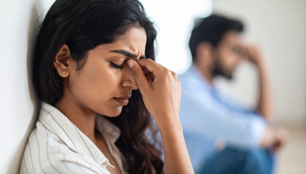 Woman expressing distress while seated next to a man, both in a moment of emotional tension, indoor setting with soft light