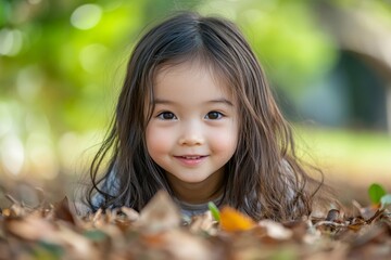 Fototapeta premium Asian little girl enjoying playtime in a park, laughing and having fun outdoors., Generative AI