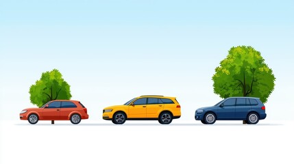 Fototapeta premium Colorful Cars Parked Neatly Under Green Trees on a Bright Sunny Day in a Minimalistic Urban Setting