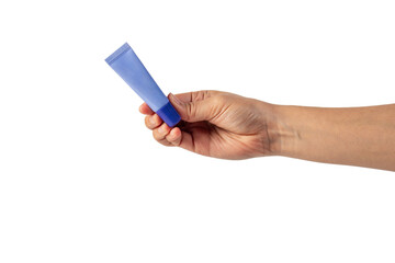 Purple packaging for cream, sunscreen or serum in hand on transparent background.