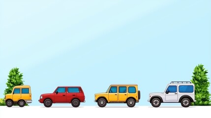 Fototapeta premium Colorful Cartoon Cars on a Bright Background with Green Trees and a Clear Sky for Fun and Playful Illustrations