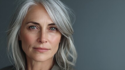 Naklejka premium Mature Caucasian woman with gray hair, soft expression, clean lighting