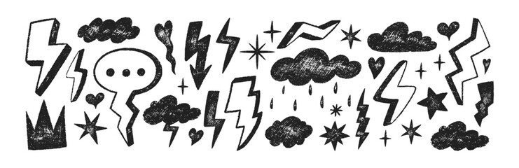 Set of doodle clouds, lightning bolts, stars and weather symbols with crayon, pastel, chalk or pencil texture. Decoration elements in sketch style. Black vector illustration on a white background.