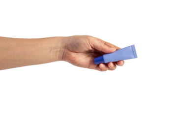 Purple packaging for cream, sunscreen or serum in hand on transparent background.
