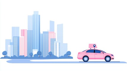 Pink taxi cab driving through a modern cityscape with skyscrapers and trees in a minimalistic design style