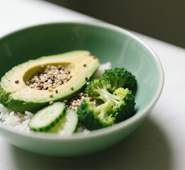 Balanced Vegan Meal Bowl with Grains and Greens – Rice, Quinoa, Avocado, Broccoli, and Cucumber in Minimalist Style