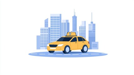 Naklejka premium Yellow taxi cab on city streets with skyline buildings in the background, urban transportation and travel concept
